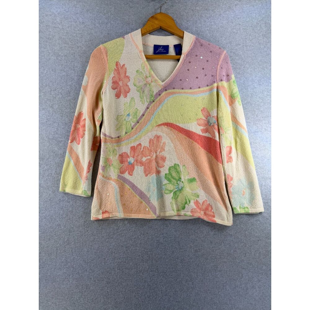 JH Collectibles Women’s Small Floral Pastel V-Neck Sequin Sweater 3535